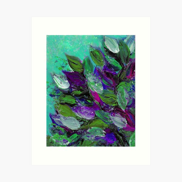 Item preview, BLOOMING BEAUTIFUL Mint Green Purple Elegant Floral Abstract Leaves Garden Whimsical Textural Colorful Acrylic Flowers Painting designed and sold by EbiEmporium.