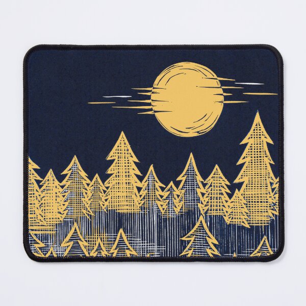 Item preview, Misty, Moonlit Trees Linocut in Blue and Yellow designed and sold by Maddy Bennett.