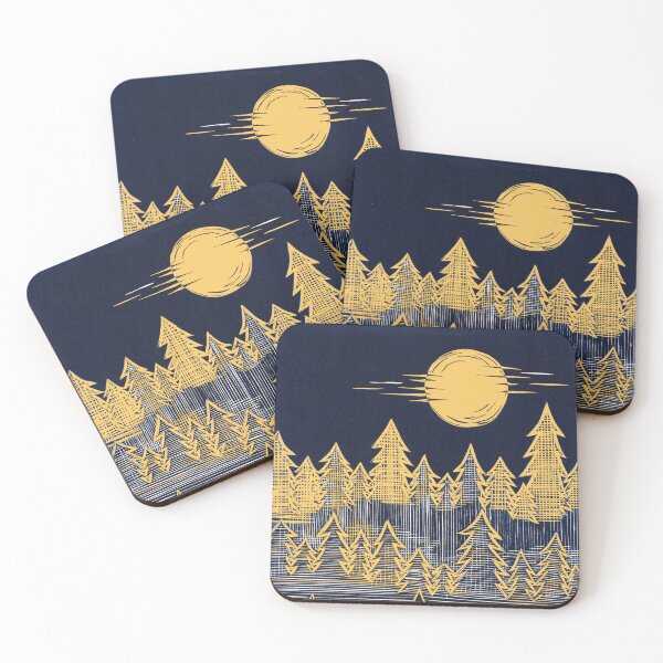 Item preview, Misty, Moonlit Trees Linocut in Blue and Yellow designed and sold by Maddy Bennett.