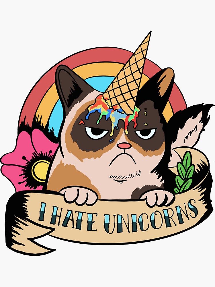 "Angry Cat "I Hate Unicorns" Funny Cat Ice Cream Unicorn" Sticker by