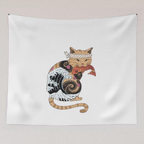 Item preview, Japanese Style Cat with Koi Fish and Wave of Kanagawa designed and sold by Mesyo.
