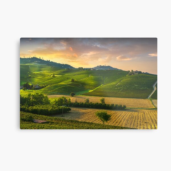Barolo vineyards and La Morra village. Langhe, Italy Metal Print