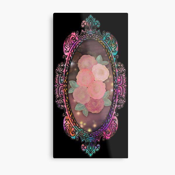 Ornate Painted Oval Gilded Pink Picture Frame with Golden Pink Roses Metal Print