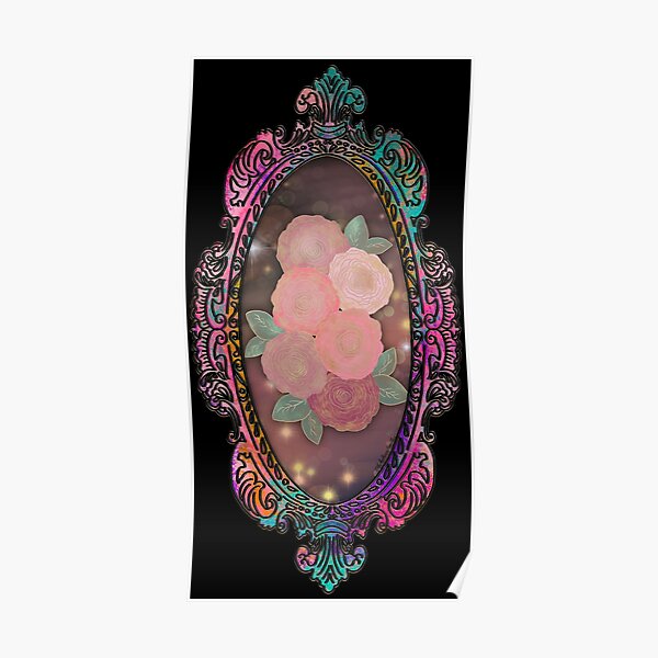 Ornate Painted Oval Gilded Pink Picture Frame with Golden Pink Roses Poster