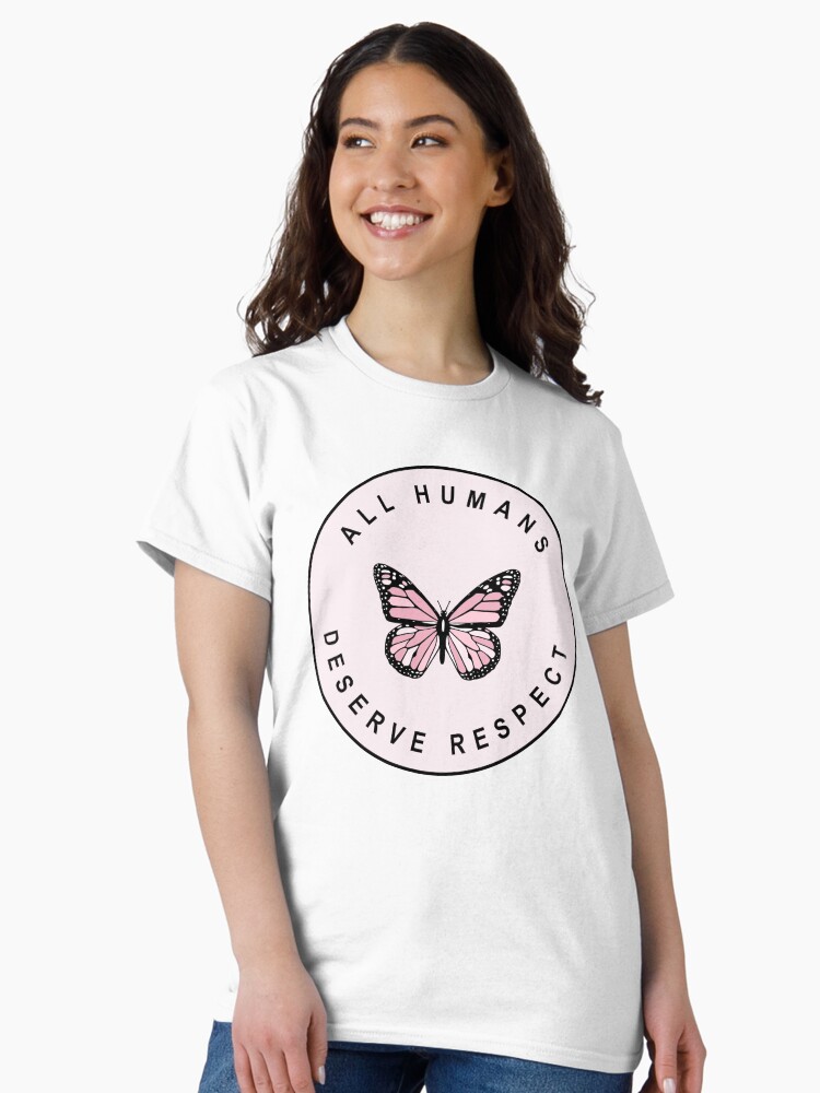 Thumbnail 1 of 7, Classic T-Shirt, All Humans Deserve Respect - Cute Pastel Butterfly designed and sold by voltzandvoices.