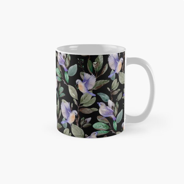 Aperçu de l'œuvre Feuilles de magnolia et petits oiseaux doux de couleur lavande, sur un fond sombre, beau motif créée et vendue par Orianah.
