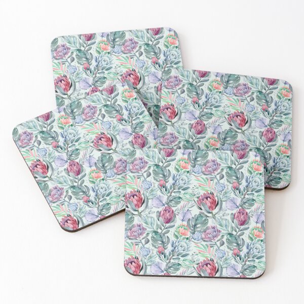 Item preview, Elegant pattern of Protea Flowers and Leaves. Sugarbushes digital painting in pink, purple and teal green tones. designed and sold by Orianah.