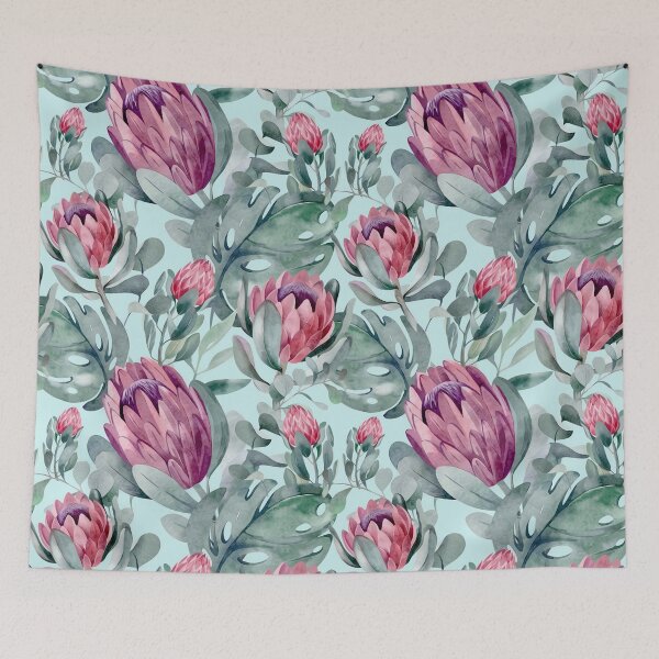 Item preview, Elegant pattern of Protea Flowers and Leaves. Sugarbushes digital painting in pink, purple and teal green tones. designed and sold by Orianah.