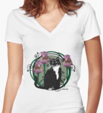 Black and White Cat with Irises Women's Fitted V-Neck T-Shirt