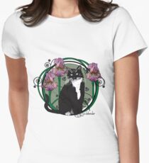 Black and White Cat with Irises Women's Fitted T-Shirt