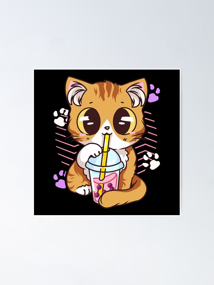 "Cute Kawaii Cat Boba Bubble Milk Tea Anime Kitten" Poster for Sale by