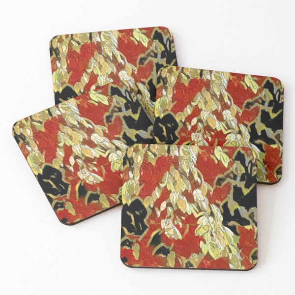 Item preview, leaves yellow, red, black background, anxiety of modernity, analogy, abstract art, line, spot, minimalism, designed and sold by Maria Mihailova.
