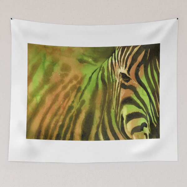 Item preview, Zebra fine art watercolor painting. Green orange zebra decor fine art painting African animal zebra stripes artwork designed and sold by rfoxphoto.