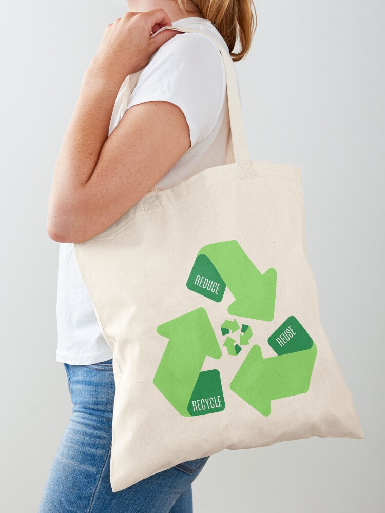 Reduce reuse recycle green recycling symbol sticker and tote bag