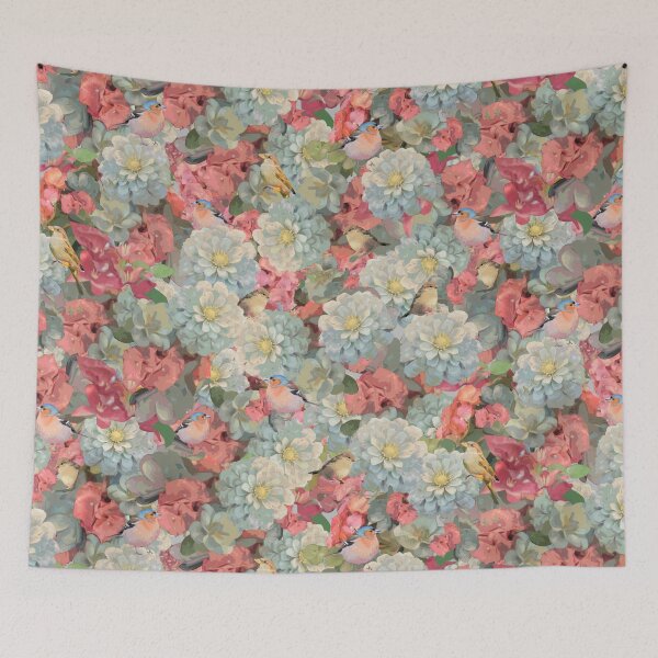 Item preview, Teatime Pink and Blue Flowers with Birds Half-Drop Repeat 5748 designed and sold by Art in My Loft.