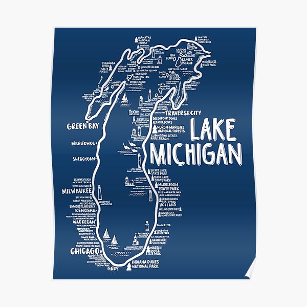 Lake Michigan Map Poster By Fiberandgloss Redbubble   Poster,504x498,f8f8f8 Pad,600x600,f8f8f8 