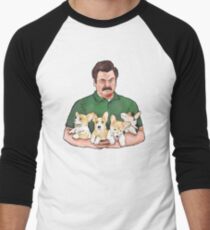Ron Swanson Holding Corgi Puppies Men's Baseball ¾ T-Shirt