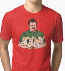 Ron Swanson Holding Corgi Puppies Tri-blend T-Shirt