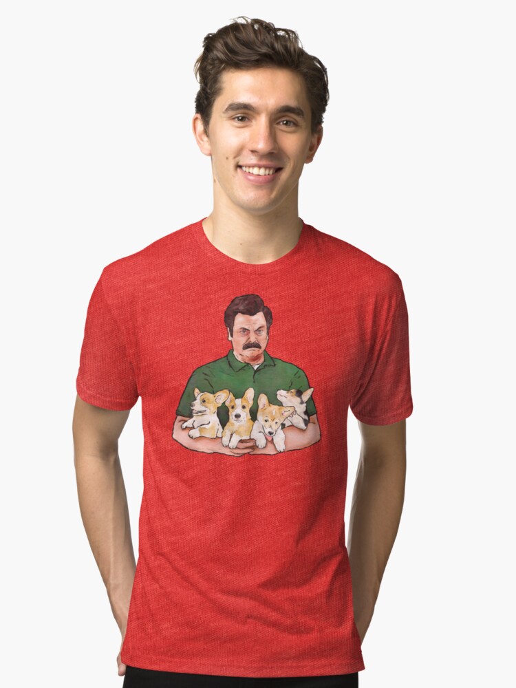 Alternate view of Ron Swanson Holding Corgi Puppies Tri-blend T-Shirt