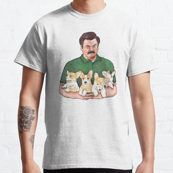 Ron Swanson Holding Corgi Puppies Camiseta clásica