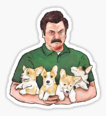Ron Swanson Holding Corgi Puppies Sticker