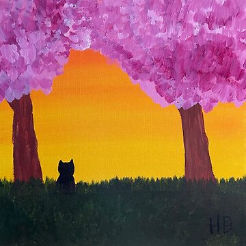 Artwork thumbnail, Black Cat Art with Orange Sunset and Trees with Pink Blossoms by catladyjoy