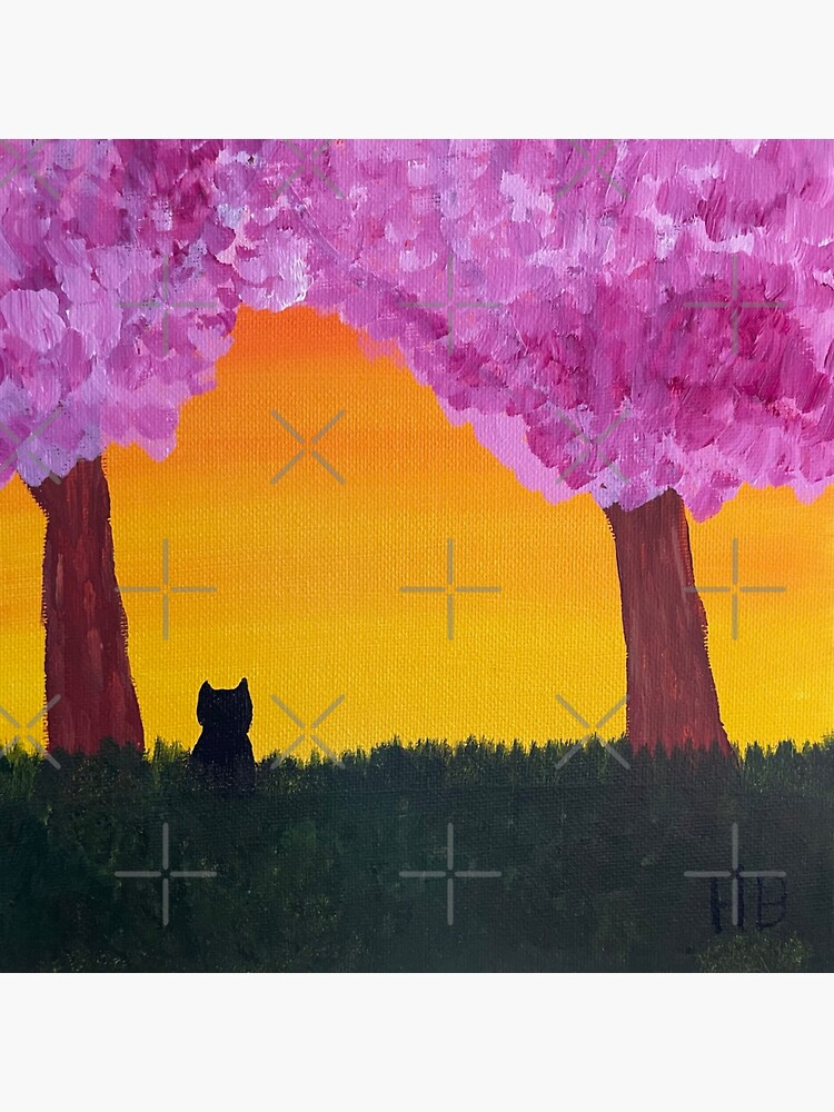Thumbnail 3 of 3, Sticker, Black Cat Art with Orange Sunset and Trees with Pink Blossoms designed and sold by catladyjoy.