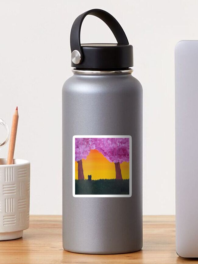 Thumbnail 1 of 3, Sticker, Black Cat Art with Orange Sunset and Trees with Pink Blossoms designed and sold by catladyjoy.