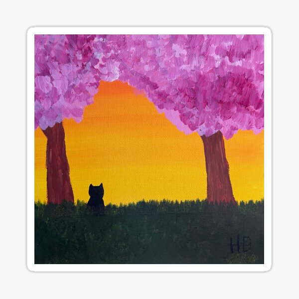 Black Cat Art with Orange Sunset and Trees with Pink Blossoms Sticker