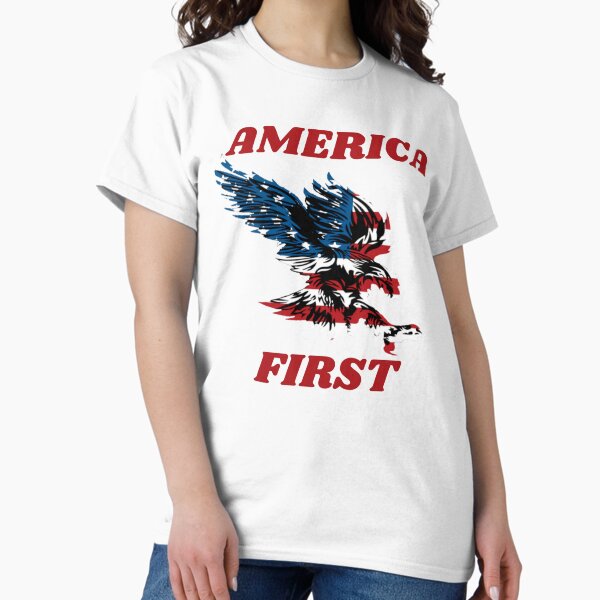 Item preview, America First in Red Lettering with an Eagle Colored in Stars and Stripes. designed and sold by AmericaFreedom.
