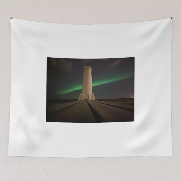 Item preview, Aurora borealis behind Akranes lighthouse  designed and sold by Kirstynmichelle.