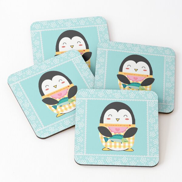 Item preview, Sweet Teal Lacy Cute Yellow Gingham Penguin and Fish designed and sold by Cawaiico.