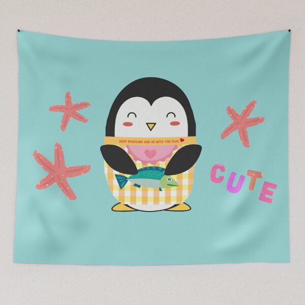 Item preview, Adorable Teal Pastel Yellow Gingham Penguin with Seafood designed and sold by Cawaiico.
