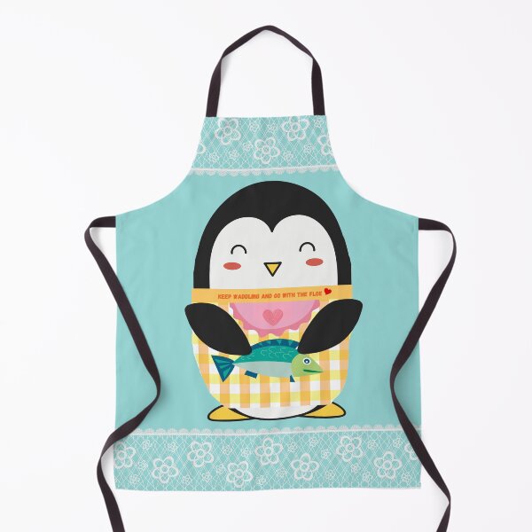 Item preview, Sweet Teal Lacy Cute Yellow Gingham Penguin and Fish designed and sold by Cawaiico.
