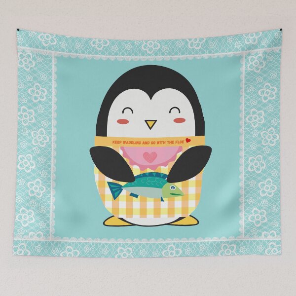Item preview, Sweet Teal Lacy Cute Yellow Gingham Penguin and Fish designed and sold by Cawaiico.