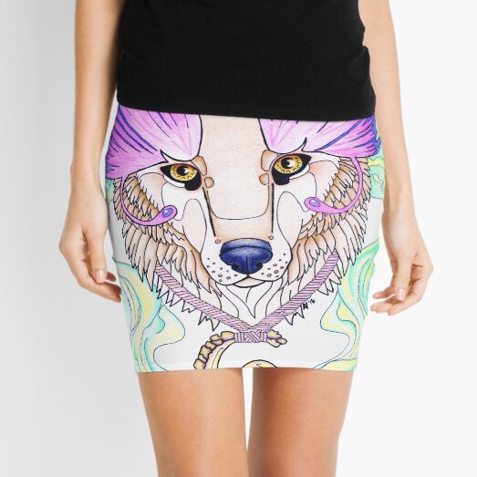 Wolf Totem drawing, butterfly wings, purple Mini Skirt