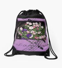 Inspired by pansies with quote and sheet music background Drawstring Bag