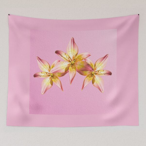 Item preview, Three Gorgeous Pink & Yellow Lilies On A Pink Background designed and sold by debmund.