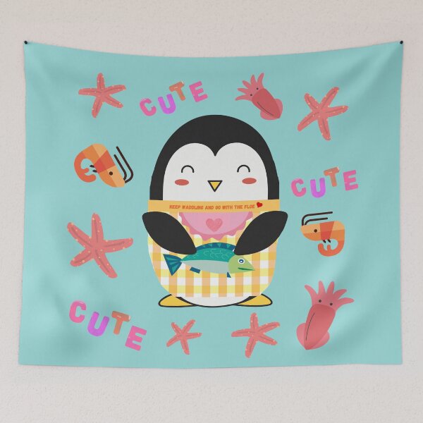 Item preview, Cute Yellow Gingham Penguin Catching Fish designed and sold by Cawaiico.