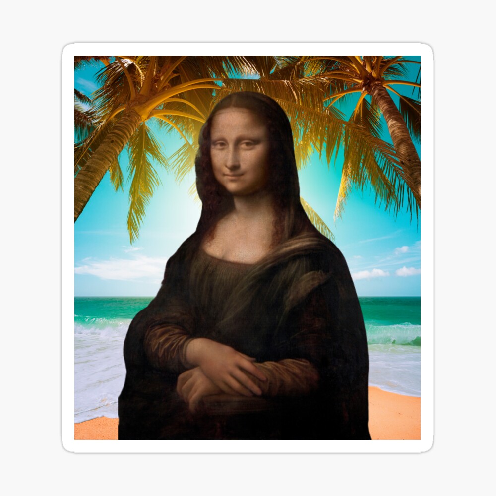 Funny Mona Lisa Art with Funny Background Coconut Trees Stickers, Wall art, Mona Lisa at the Beach Leonardo da Vinci's Portrait of Mona Lisa del Giocondo 1503–1506 famous painting Funny Mona Lisa Art with Funny Background Coconut Trees Stickers, Wall art, Mona Lisa at the Beach Leonardo da Vinci's Portrait of Mona Lisa del Giocondo 1503–1506 famous painting