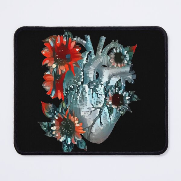 Item preview, human heart with flowers and daisy, blue red orange color, anatomy art designed and sold by Collagedream.