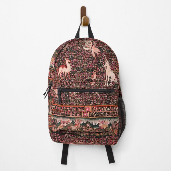 Item preview, UNICORN AND MEDIEVAL BESTIARY Forest Animals,Millefleurs Red Pink Green Floral Tapestry designed and sold by BulganLumini.
