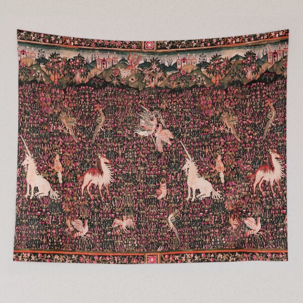 Item preview, UNICORN AND MEDIEVAL BESTIARY Forest Animals,Millefleurs Red Pink Green Floral Tapestry designed and sold by BulganLumini.