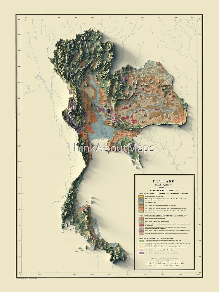 Disover 1967 Thailand Relief Map 3D digitally-rendered Premium Matte Vertical Poster