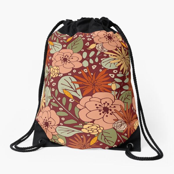 Boho flowers burgundy Drawstring Bag