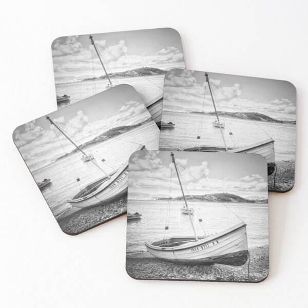 Item preview, Black and White Image of Fishing Boat on a Beach Corfu Greece designed and sold by nickbrayimages.