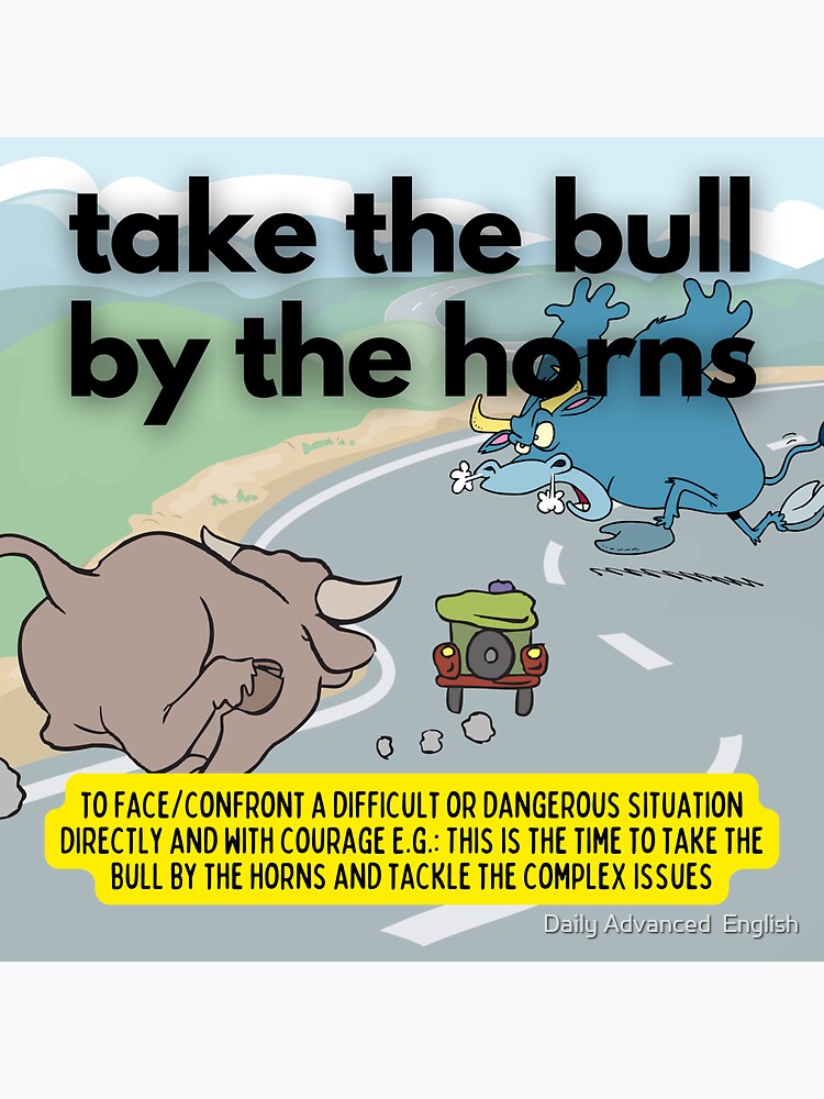 "Advanced English Idiom Take the bull by the horns" Sticker by