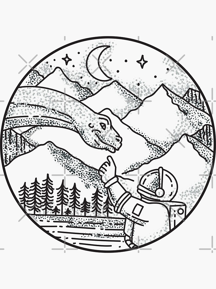 Brontosaurus Astronaut Mountain Circle Tattoo