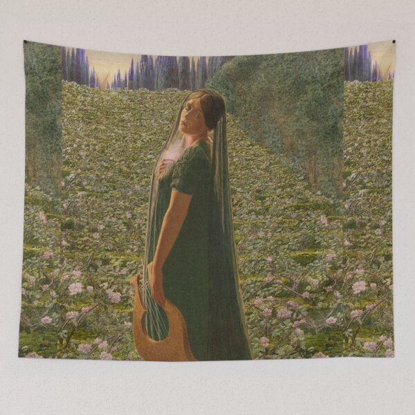Item preview, Vintage art medieval female harp player designed and sold by Vintage Designs +.