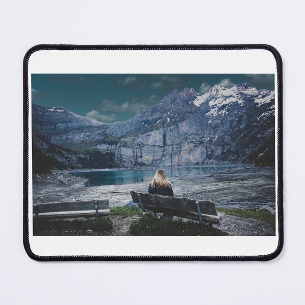 Item preview, Blonde woman sunrise at mountain lake in swiss alps designed and sold by PlanBesser.